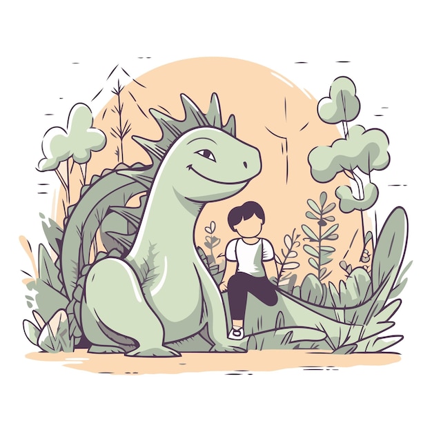 Um menino bonito e um dinossauro no parque.