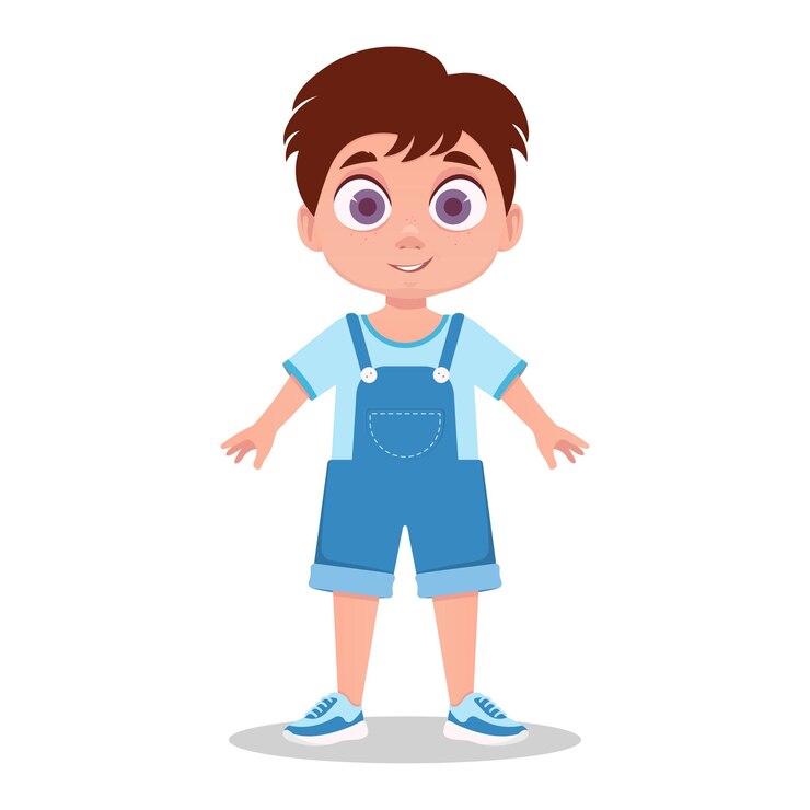 Vetor um menino bonito está sorrindo, vestindo um macacão azul. ilustração vetorial