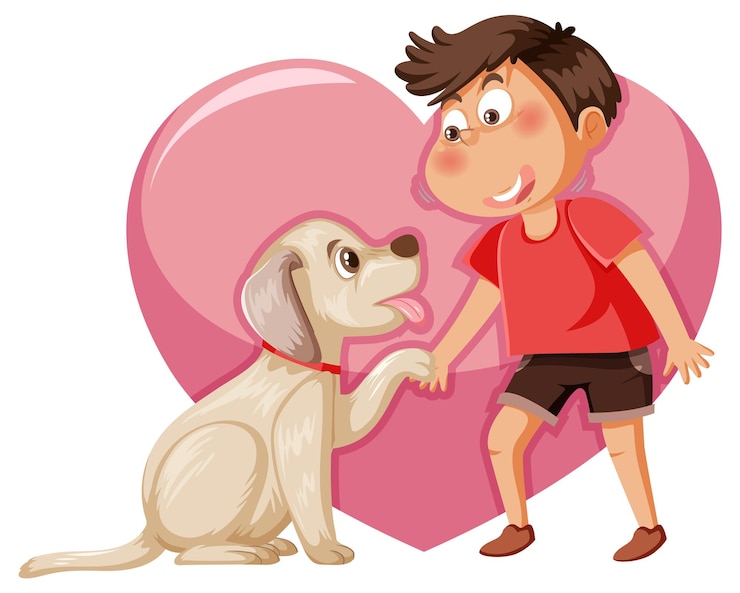 Vetor um menino brincando com cachorro no fundo do coração