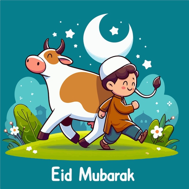 Um menino caminhando com uma vaca e desejando Eid Mubarak