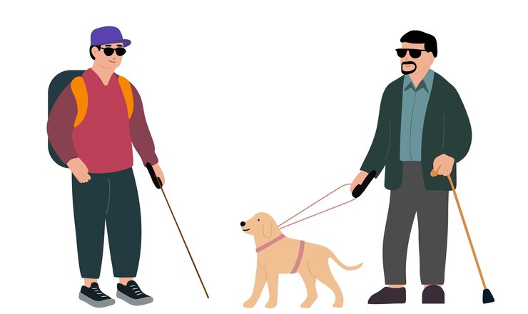 Vetor um menino cego e um homem com o seu cão guia a caminhar lá fora.