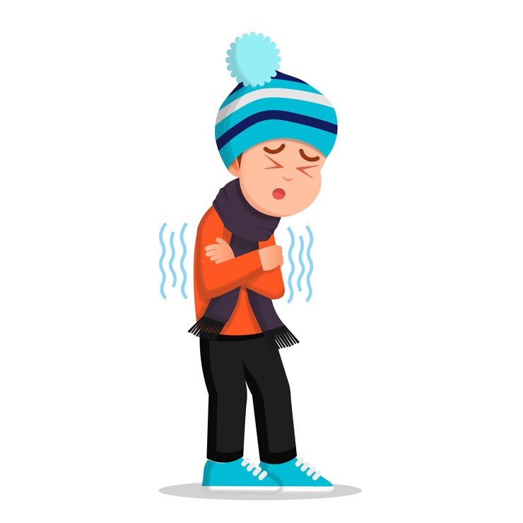 Vetor um menino com roupas de inverno sente frio