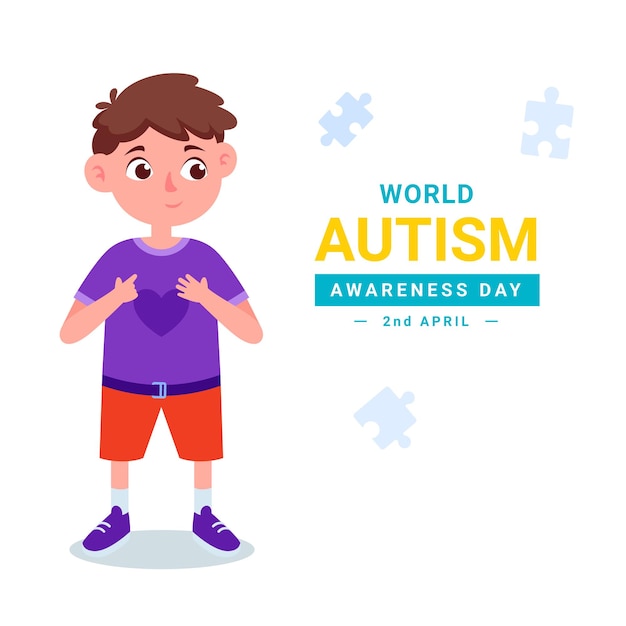 Um menino com uma camisa roxa que diz o dia mundial do autismo na parte inferior.