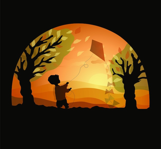um menino com uma pipa no fundo do pôr do sol