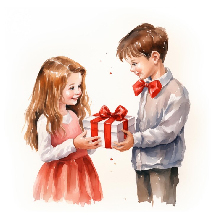 Vetor um menino dando presentes a uma menina pintando aquarela