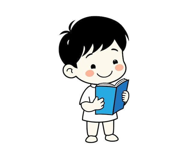Um menino de desenho animado bonito a ler um desenho vetorial de livro azul.