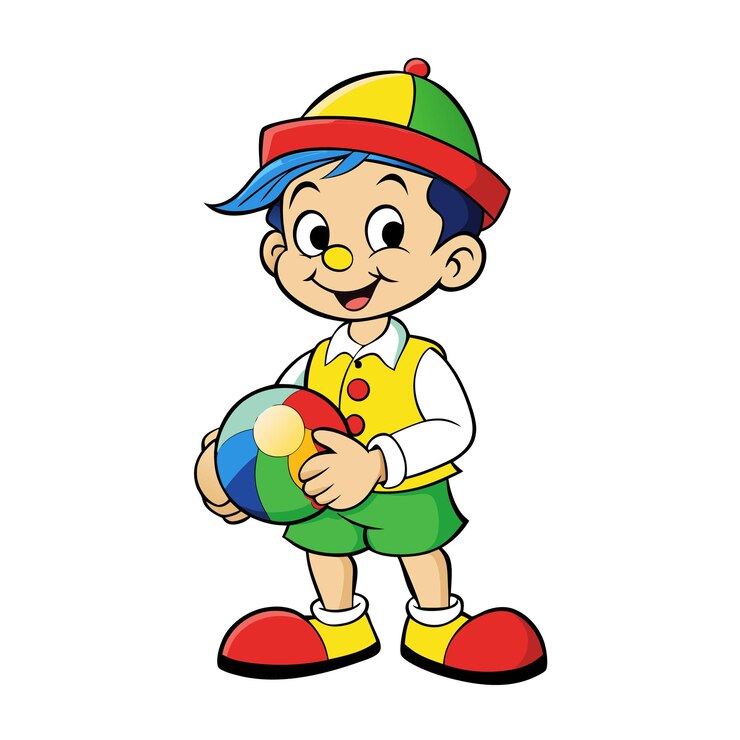 Vetor um menino de desenho animado bonito segurando uma bola colorida