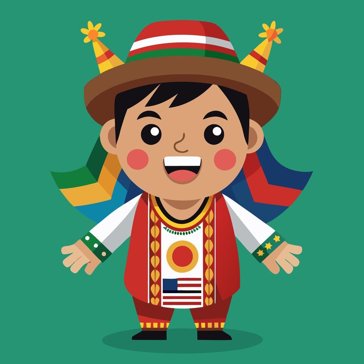 Vetor um menino de desenho animado sorridente em roupas tradicionais com um chapéu de festa de fundo verde