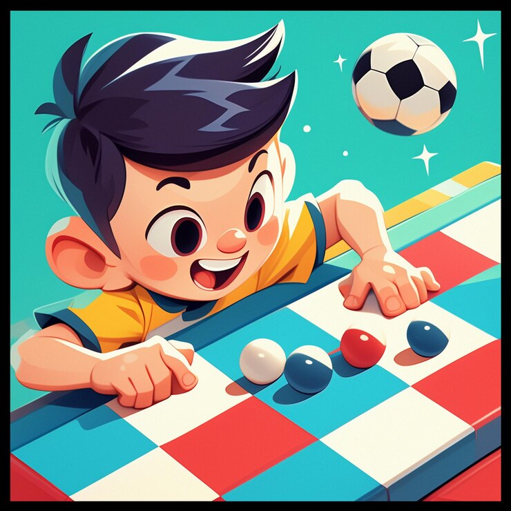 Vetor um menino de modesto joga futebol de mesa ao estilo de desenho animado