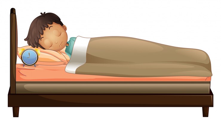 Vetor um, menino, dormir, com, um, despertador