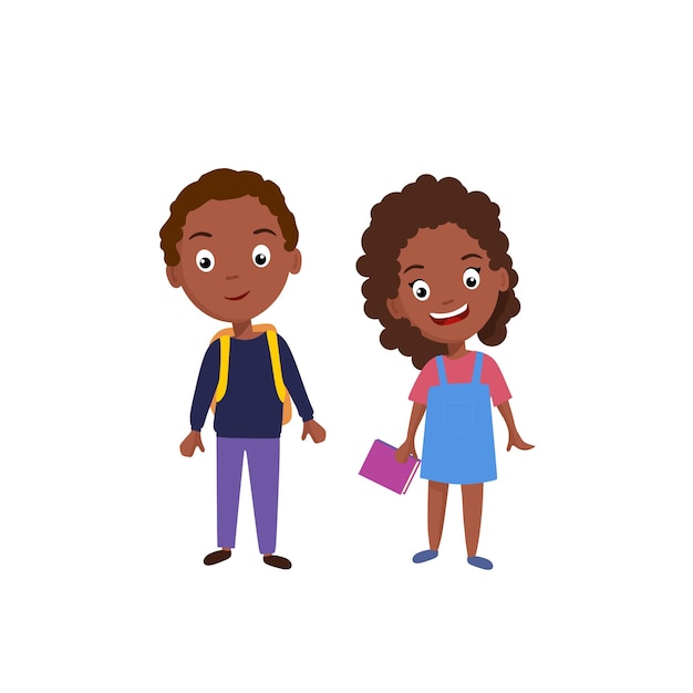 Vetor um menino e uma menina afro-americanos vão para a escola ilustração vetorial em estilo simples