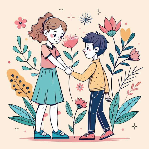 Vetor um menino e uma menina estão de mãos dadas com uma menina e uma borboleta