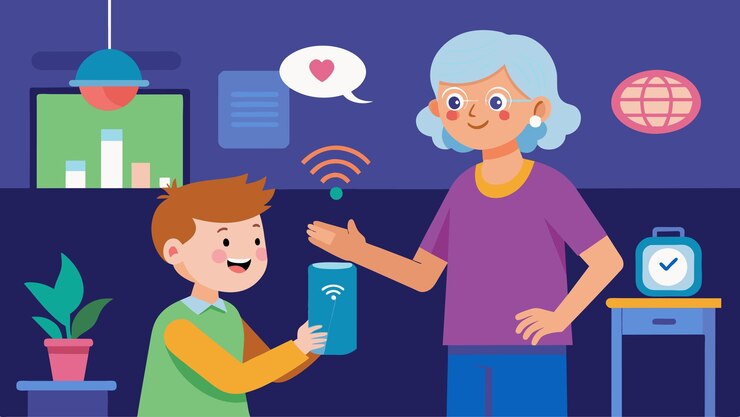 Vetor um menino ensinando sua avó como usar comandos de voz para controlar um vetor de dispositivo doméstico inteligente