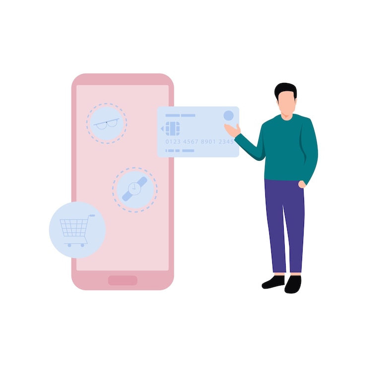 Vetor um menino está comprando um relógio e óculos online