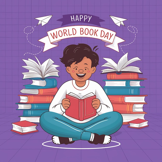 Um menino está sentado em um livro com um fundo roxo com um menino lendo o dia mundial