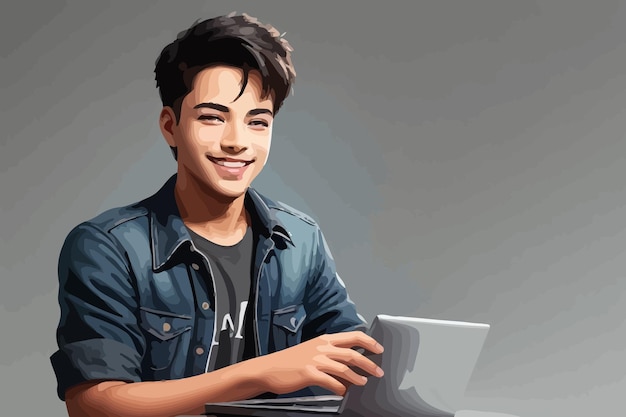 Vetor um menino legal sorrindo trabalha no computador. ilustração da vista frontal.