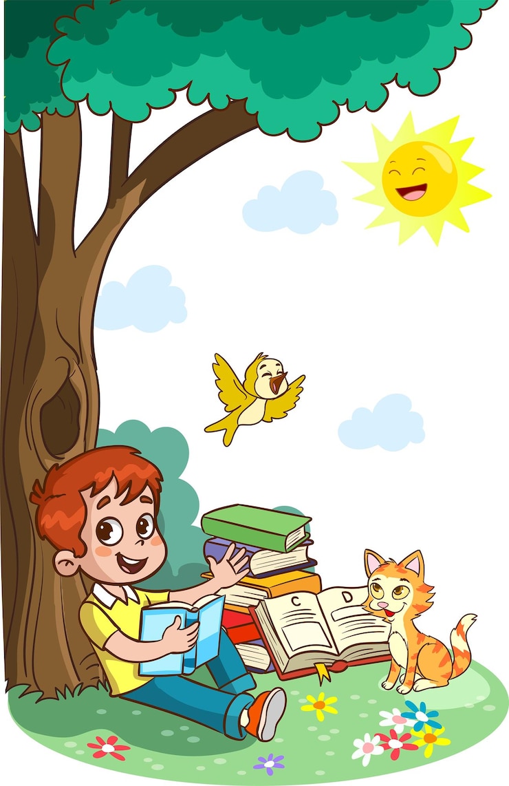 Vetor um menino lendo debaixo de uma árvore com um livro e um gato na capa