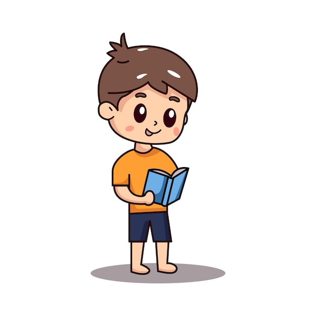 um menino lendo um livro de pé