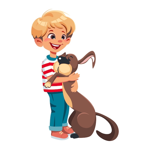 Vetor um menino loiro sorridente abraçando um cachorro castanho feliz. ilustração isolada de vetor plano.