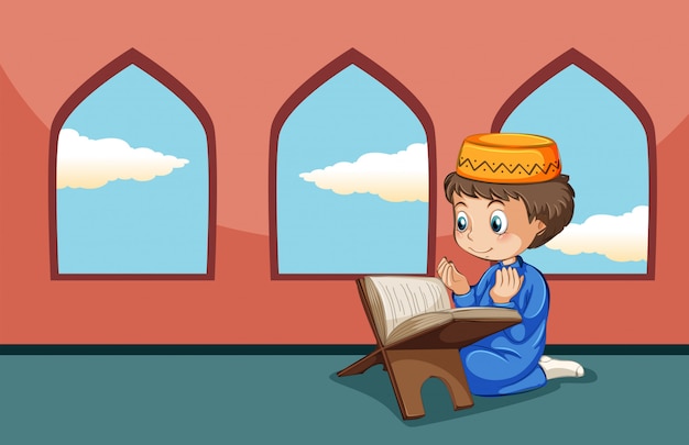 Um, menino muçulmano, estudo, em, mesquita