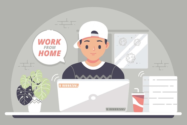 um menino trabalha em casa durante uma ilustração de design plano de surto de coronavírus