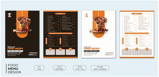 Um menu de comida é mostrado em uma tela.