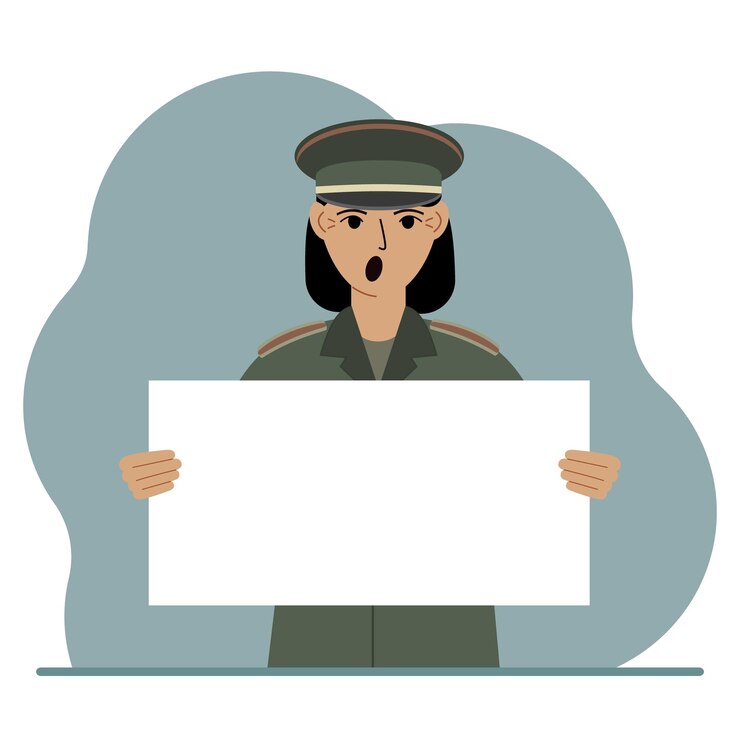 Vetor um militar de uniforme segura uma folha de papel branca em suas mãos conceito para banner de cartaz publicitário