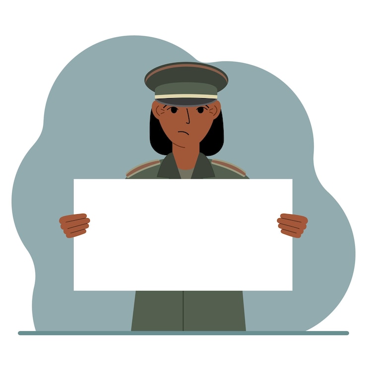 Vetor um militar de uniforme segura uma folha de papel branca em suas mãos conceito para banner de cartaz publicitário