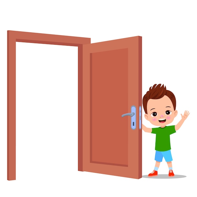 Um miúdo de pé a segurar a maçaneta da porta.