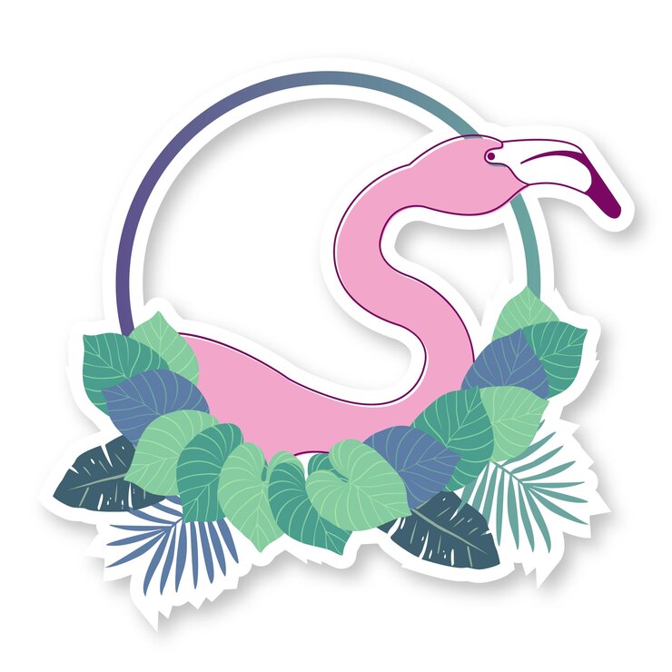 Vetor um modelo de adesivo com composição tropical flamingo e folhas