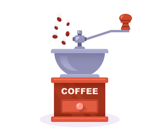 Um moedor de café mói os grãos para sua bebida matinal. ilustração vetorial plana.