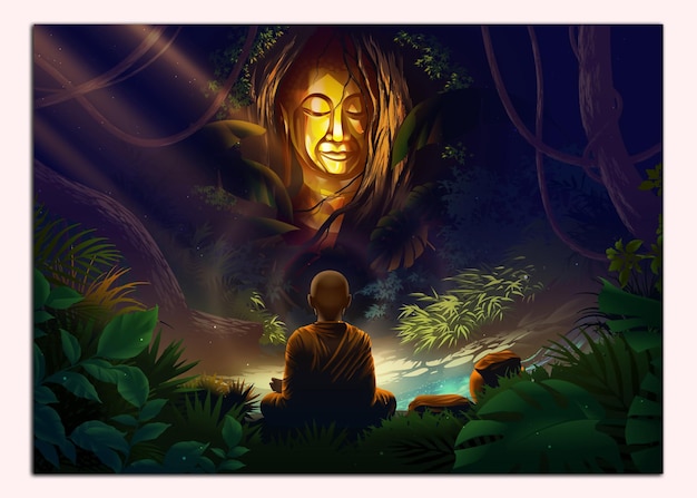 Um monge arahant ou monge santo está meditando na frente da estátua de buda misteriosa que está coberta de plantas densas na floresta misteriosa