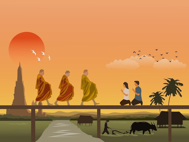 Um monge budista está caminhando em uma ponte de madeira com homens e mulheres sentados em adoração. Agricultores arando campos com búfalos com pagodes e o céu da manhã ao fundo.