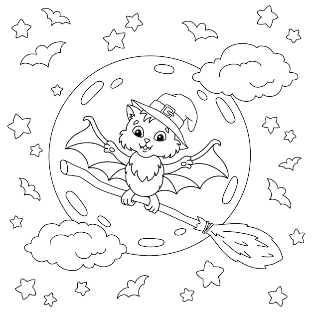 Um morcego fofo voa em uma vassoura mágica à noite página do livro de colorir para crianças personagem de desenho animado ilustração vetorial isolada no fundo branco
