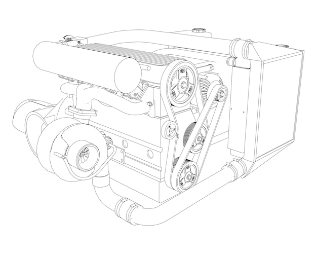 Um motor de quatro cilindros turboalimentado de alto desempenho para um carro esportivo. ilustração em vetor preto e branco com um traço de contornos de detalhes.