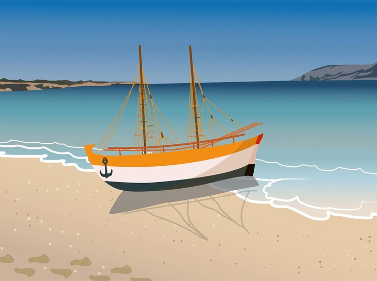 Vetor um navio de vela com velas baixadas encalhou em uma praia de areia