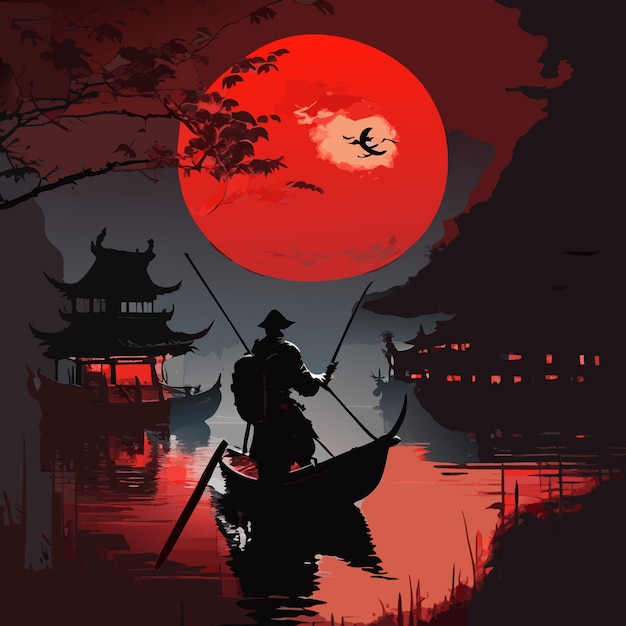 Vetor um ninja está em um barco ilustração de arte cultural chinesa