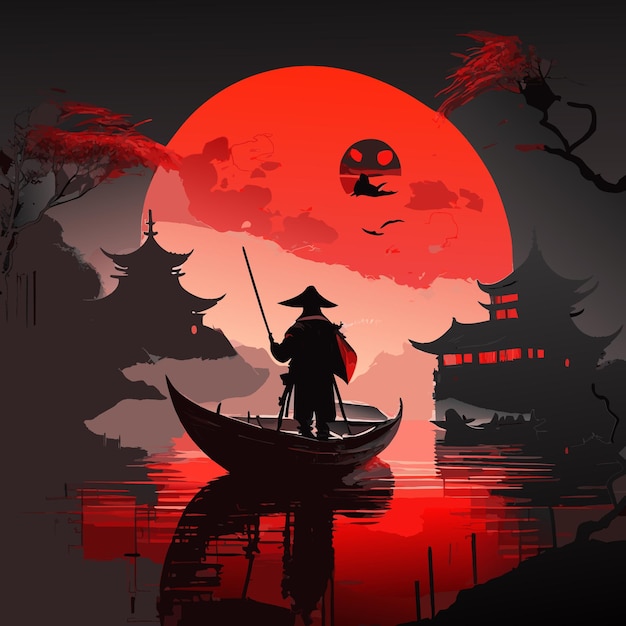 Um ninja está em uma ilustração de arte cultural chinesa de barco