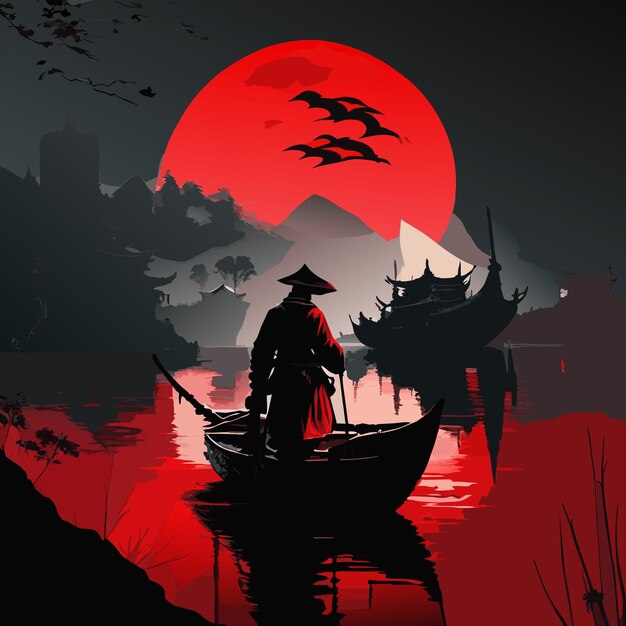 Um ninja está em uma ilustração de arte cultural chinesa de barco