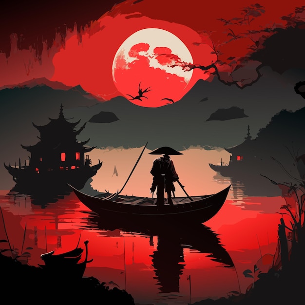 Um ninja está em uma ilustração de arte cultural chinesa de barco