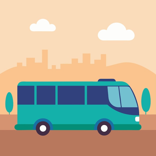um ônibus azul com uma frente azul e uma cidade ao fundo