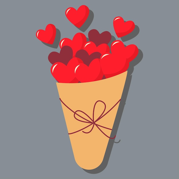 Um pacote de presente com corações. Dia de amor. Dia dos namorados. Um cartão com uma declaração de amor. Uma imagem de vetor plana em um fundo cinza.