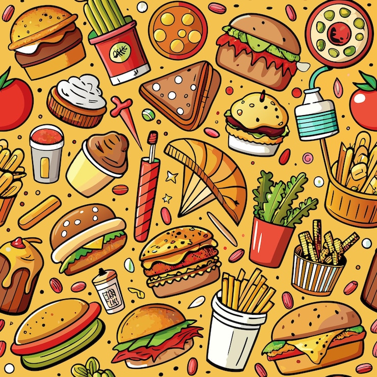 Vetor um padrão colorido de desenho animado sem costura com ícones de fast food