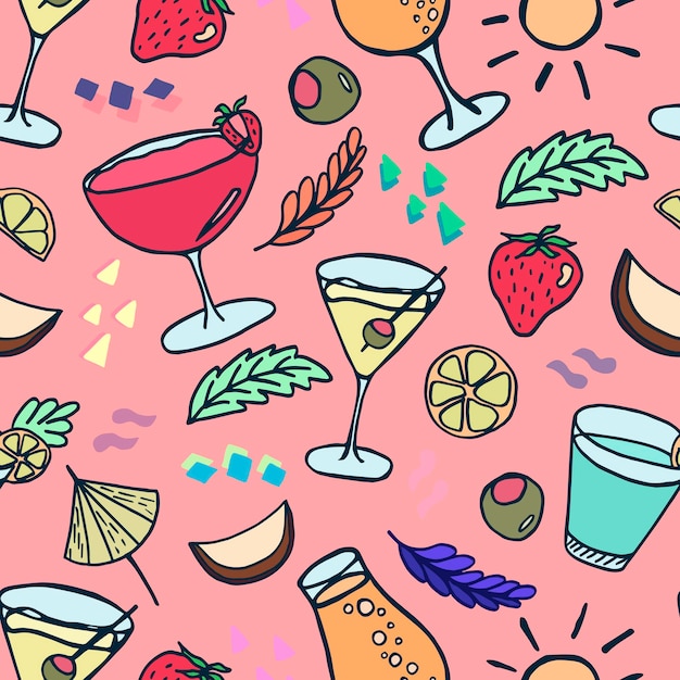 Um padrão com coquetéis de verão e sucos de frutas em estilo doodle em um fundo rosa