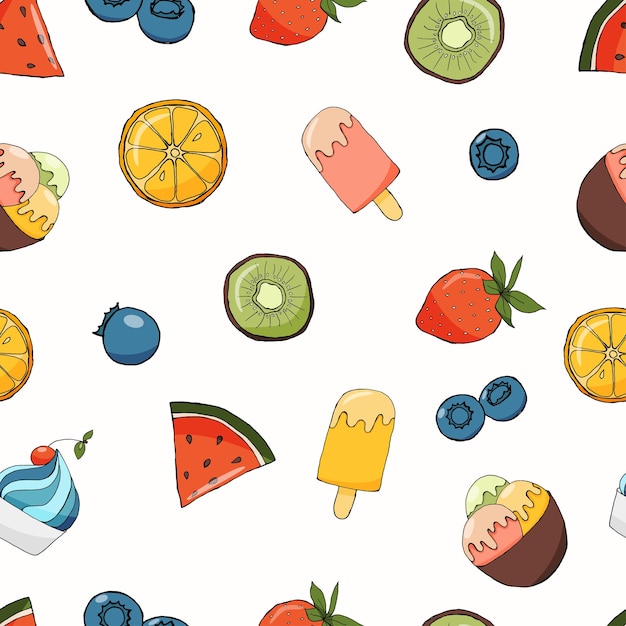 Um padrão de frutas e sorvete em fundo branco ilustração vetorial à mão