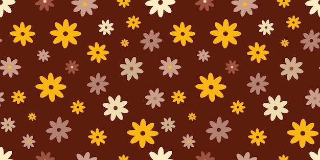Um padrão marrom e amarelo com flores em um fundo marrom.