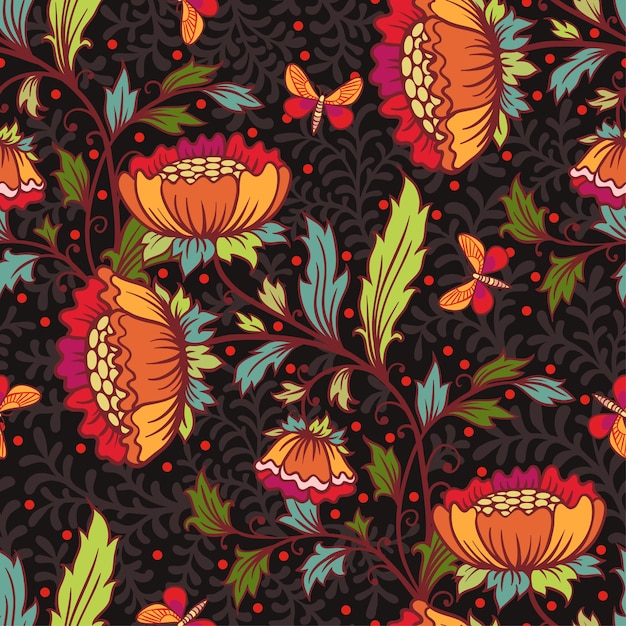 Um padrão perfeito com flores e borboletas.