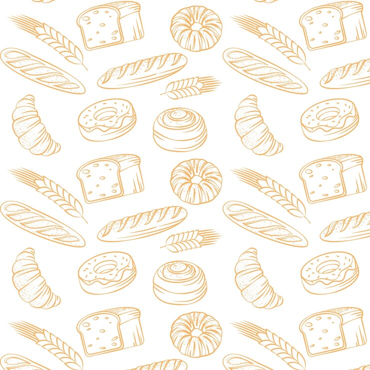 Vetor um padrão perfeito de arte de linhas desenhadas à mão retratando vários deliciosos produtos assados
