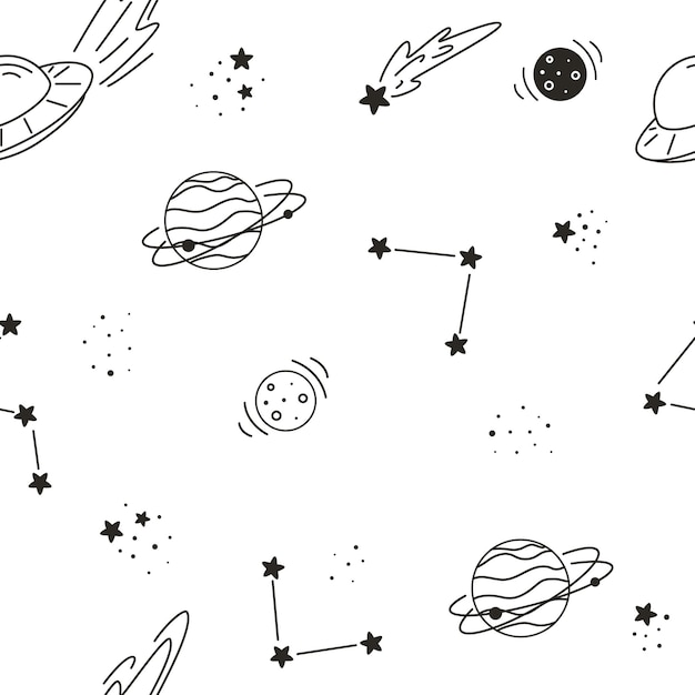 Um padrão preto e branco de planetas e estrelas com as palavras planeta e estrelas.