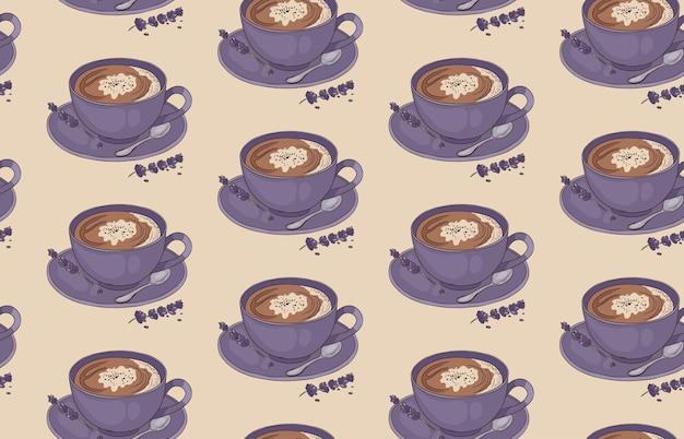 Um padrão sem costura com copos de café de cor lavanda com espuma de café lavanda cercada por sm